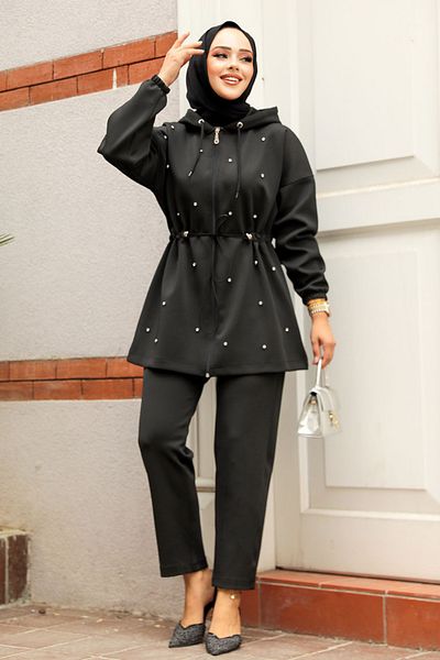 Neva Style Set dublu Hijab cu glugă neagră - 12271S