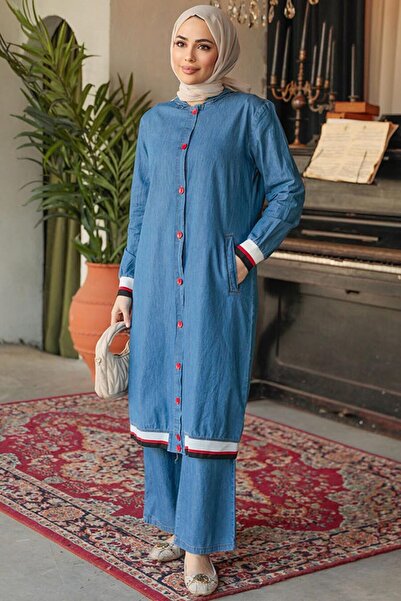 Neva Style Set de blugi hidžáb albastru închis cu nasturi 19016KM