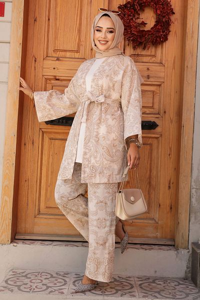 Neva Style Camel Patterned Hijab Kimono Set - 12122c