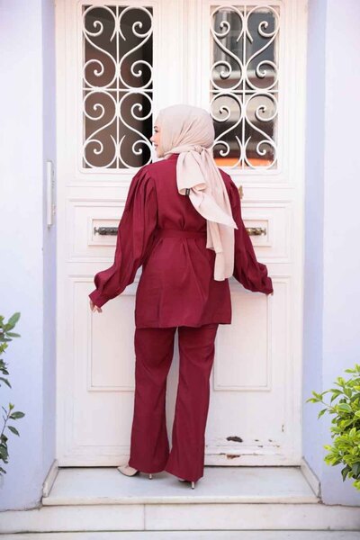 N.S NEVA STYLE Buttoned Burgundy Hijab Suit 30264Br