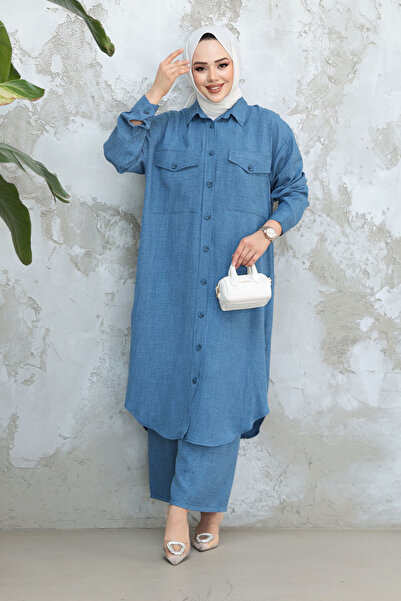 Neva Style Indigo Blue Buttoned Hijab Double Suit 44661Im