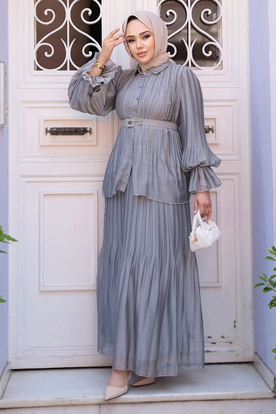 N.S NEVA STYLE Διπλό Σετ με Πλισέ Καπνιστή Φούστα Hijab 4478FU