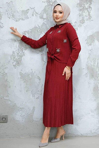 Neva Style Bead Detailed Cherry Hijab Skirt Double Suit 60062Vsn