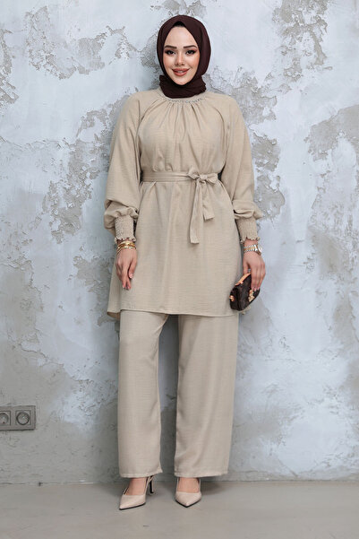 Neva Style Beige Hijab Belt Suit 44691Bej