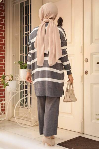 Neva Style Striped Dark Gray Hijab Knitwear Double Suit 3439Kgr