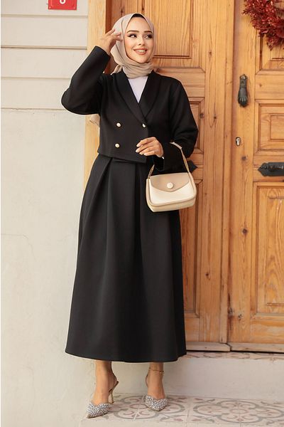 Neva Style Μαύρο Hijab με Μπουφάν και Φούστα Διπλό Σετ 681s