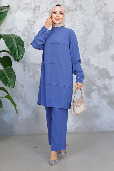 Neva Style Pearl Embroidered Indigo Blue Hijab Double Suit 65883Im