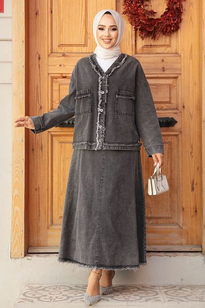 Neva Style Jeans Set with Smoke Jacket and Hijab Skirt - 19012Fu