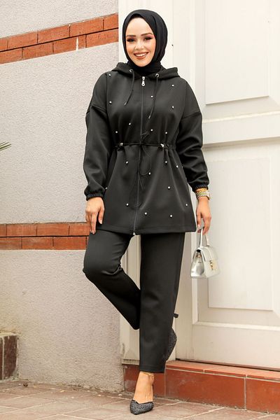 Neva Style Set dublu Hijab cu glugă neagră - 12271S