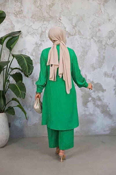 Neva Style Green Hijab Double Suit with Pleated Handles 51991Y