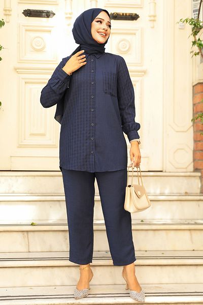Neva Style Navy Blue Hijab Double Set - Gingham Detailed, 12191L