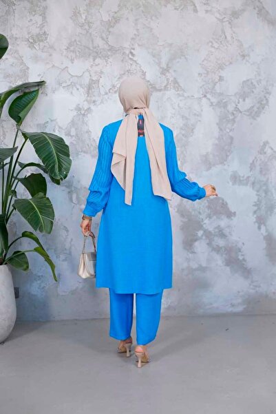 Neva Style Μπλε Μουσουλμανικό Διπλό Κοστούμι με Πλισέ μανίκια 51991M