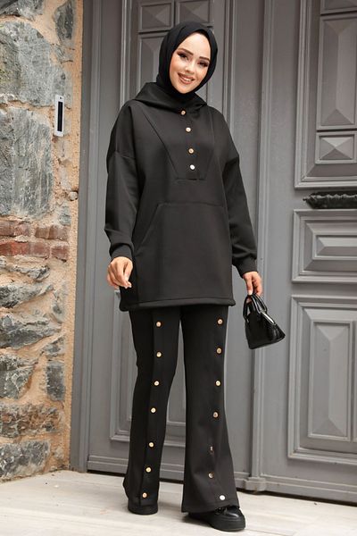 Neva Style Black Hooded Hijab Double Set - 12312S