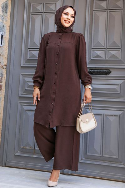 Neva Style Dark Brown Hijab Double Set - Buttoned, 12172KKH