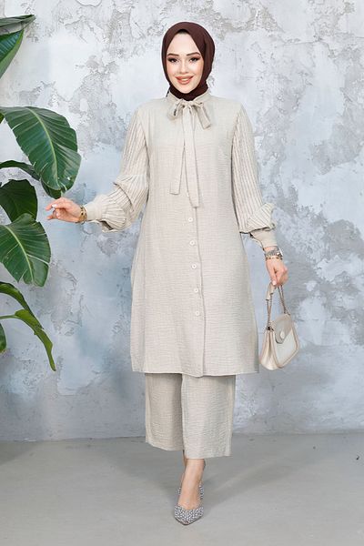 Neva Style Costum dublu Hijab cu mâneci plisate 51991TAS