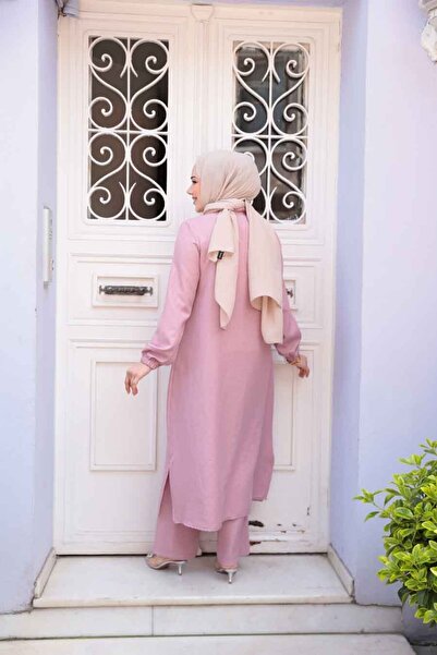 N.S NEVA STYLE Dusty Rose Hijab Διπλό Σετ με Κουμπί 19017GK
