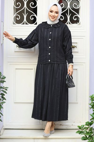 Neva Style Μαύρη Φούστα Hijab Baby Collar Σετ δύο τεμαχίων - 30004S