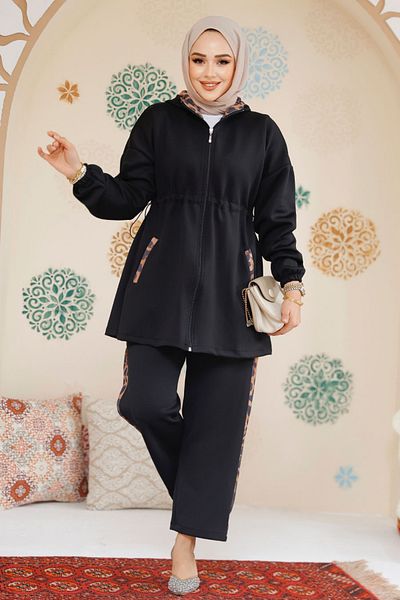 Neva Style Μαύρο Scuba Hijab Διπλό Σετ με φερμουάρ - 12741S