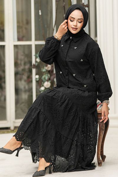 Neva Style Διπλό Σετ με Κορδόνι Μαύρη Φούστα Hijab 14271S