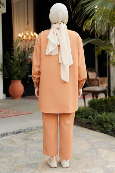 Neva Style Pearl Detailed Biscuit Hijab Double Set 12461BS