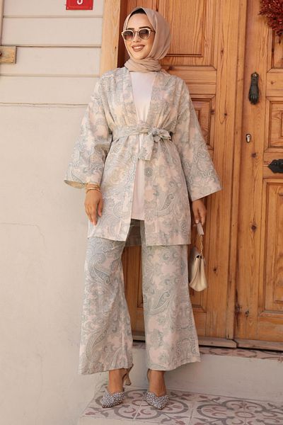 Neva Style Set kimono Hijab cu model verde Çağla - 12122CY