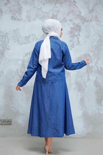 Neva Style Navy Blue Hijab Skirt Jacketed Jeans Suit - 44641L