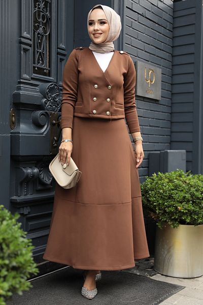 Neva Style بدلة مزدوجة مع تنورة حجاب بنية وسترة - 12371KH