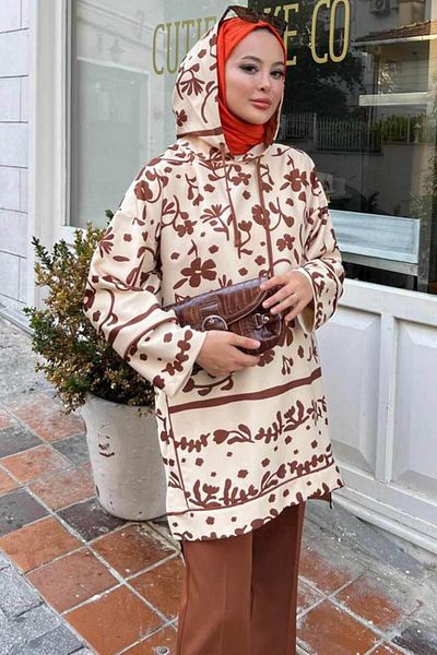 Neva Style Hooded Patterned Tan Hijab Double Set 9296Tb