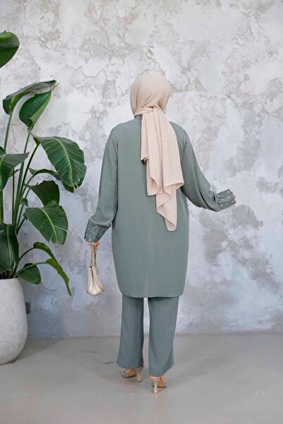 Neva Style Πέρλα Κεντημένο Çağla Πράσινο Χιτζάμπ Διπλό Σετ 65883CY