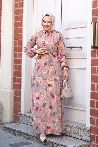 Neva Style Φόρεμα Hijab Camel με σχέδιο λουλουδιών 27987C