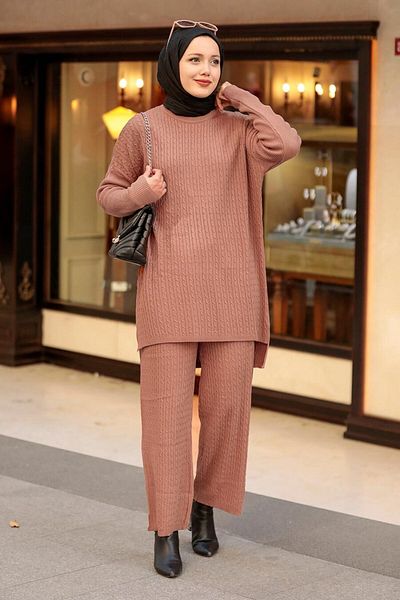 Neva Style Dusty Rose Hijab Knitwear Double Set 33450Gk