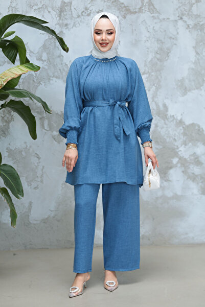 Neva Style Indigo Blue Belted Hijab Double Suit 44691Im