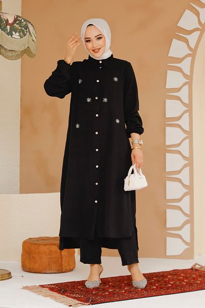 Neva Style Μαύρο Hijab Διπλό Σετ με Λεπτομέρεια Χάντρας 12082s