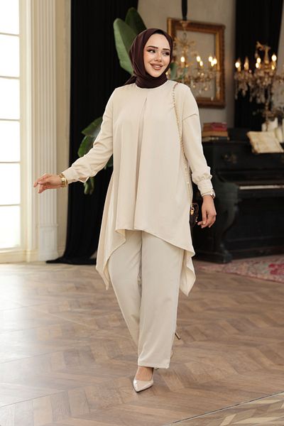 N.S NEVA STYLE Ασύμμετρη κοπή Μπεζ Hijab Διπλό Σετ 20253BEJ
