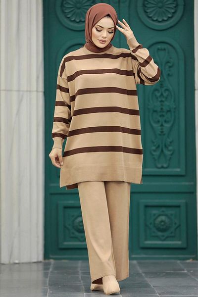 Neva Style Striped Biscuit Hijab Knitwear Double Set 3439Bs