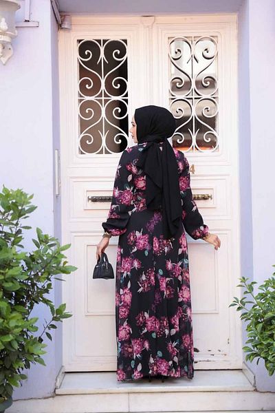 Neva Style Φόρεμα Μαύρο Hijab με Floral Print 27965S