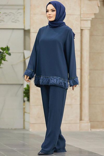 Neva Style Feather Detailed Navy Blue Hijab Double Set 40012L