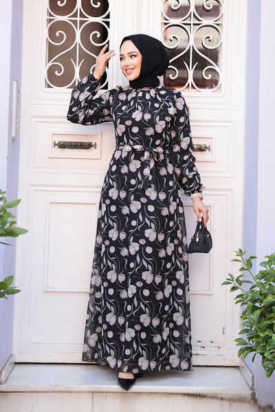 Neva Style Floral Patterned Black Hijab Dress 279909 S