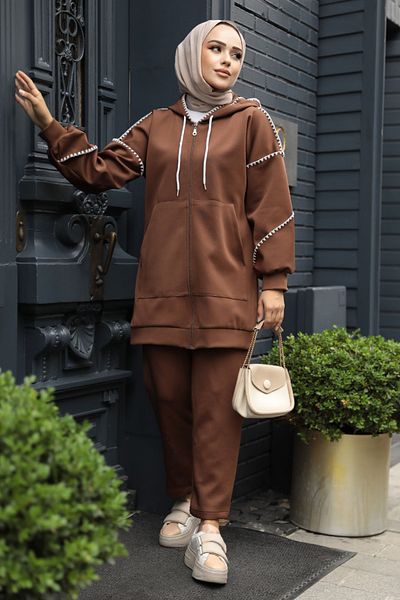 Neva Style طقم حجاب مزدوج بسحاب بني - 12621KH