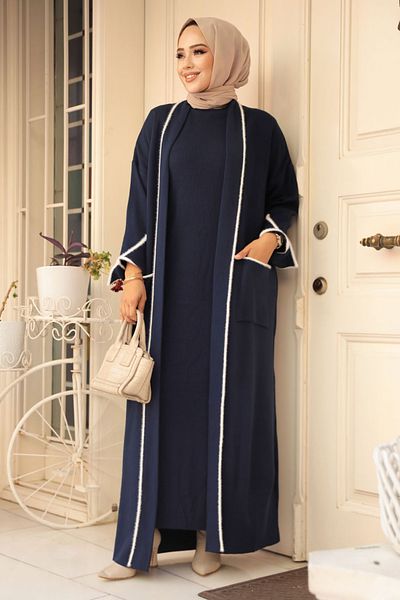 Neva Style Navy Blue Hijab Knitwear Dress Double Suit - 50113L