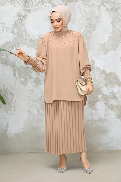 Neva Style İnci İşlemeli Camel Tesettür Etekli İkili Takım 10991C