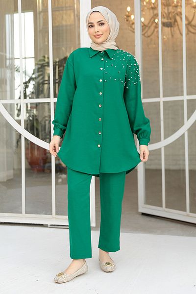 Neva Style Pearl Detailed Green Hijab Double Suit 12461Y