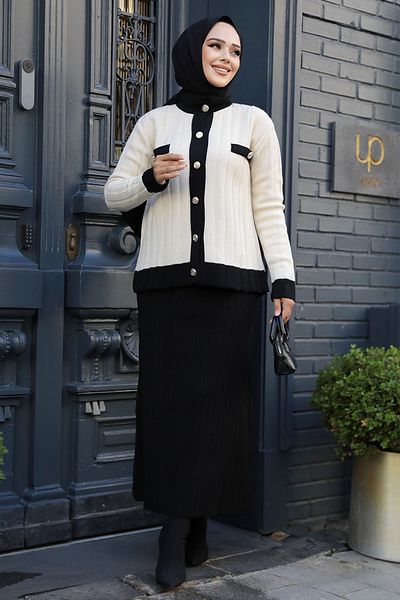 Neva Style Κρεμ Πλεκτό Σετ Κουμπιά με Φούστα Hijab - 24196KR