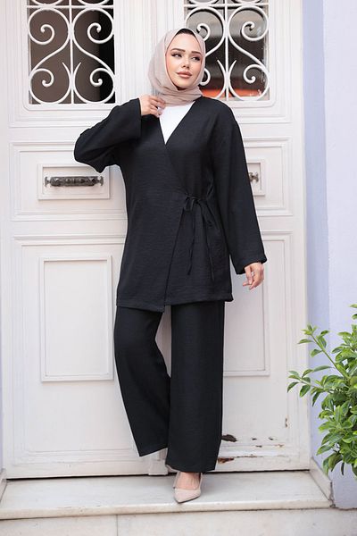 N.S NEVA STYLE Μαύρο Hijab Διπλό Σετ με Πλαϊνή Λεπτομέρεια 50183S