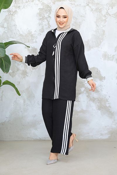 Neva Style Zippered Black Hijab Fabric Double Set 80013S