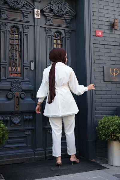 N.S NEVA STYLE Jacket Ecru Hijab Double Set 61851E