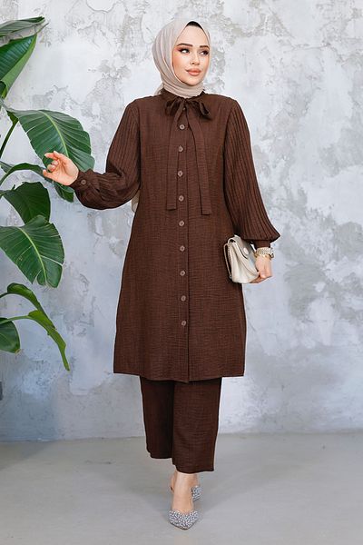 Neva Style Dark Brown Hijab Double Suit with Pleated Handles 51991Kkh