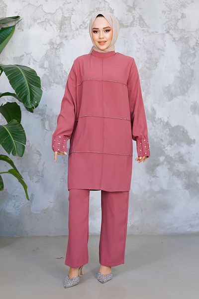 Neva Style Pearl Embroidered Dusty Rose Hijab Double Suit 65883Gk