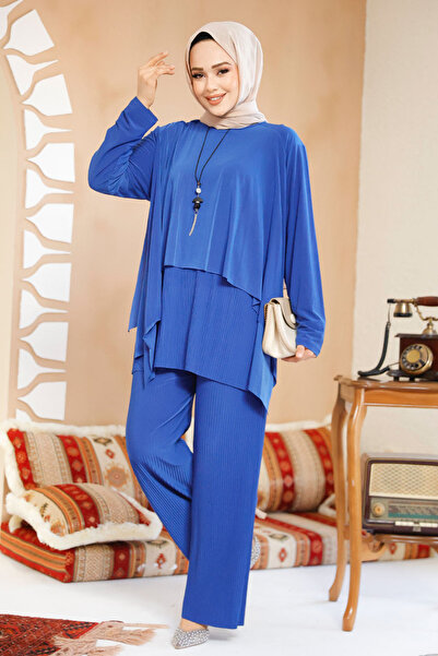 Neva Style Sax Blue Pleated Hijab Set of Two - 70212Sx