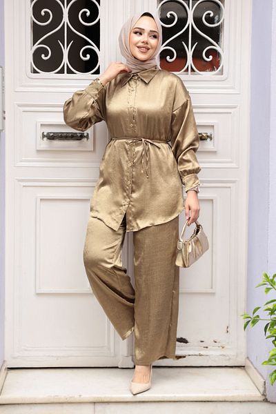 N.S NEVA STYLE Κουμπιά Oil Green Hijab Διπλό Σετ 4016YY